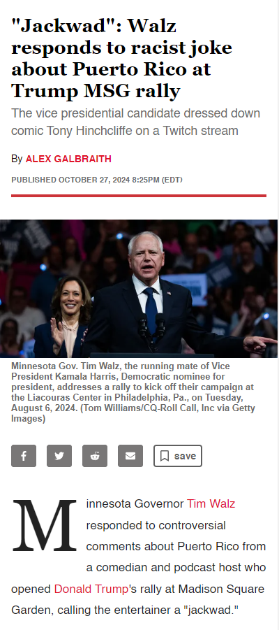 Walz Calls Out Racist Joke About Puerto Rico at Trump MSG Rally: 'Jackwad!'