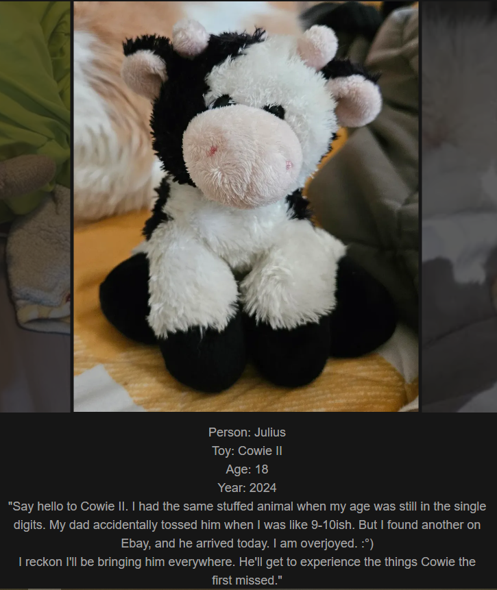 Day 777: Join me on my journey at www.saidtheskinhorse.com, where we celebrate the nostalgic bond with our beloved childhood toys. Check out Cowie II, our latest addition! "Ooh, cows!"