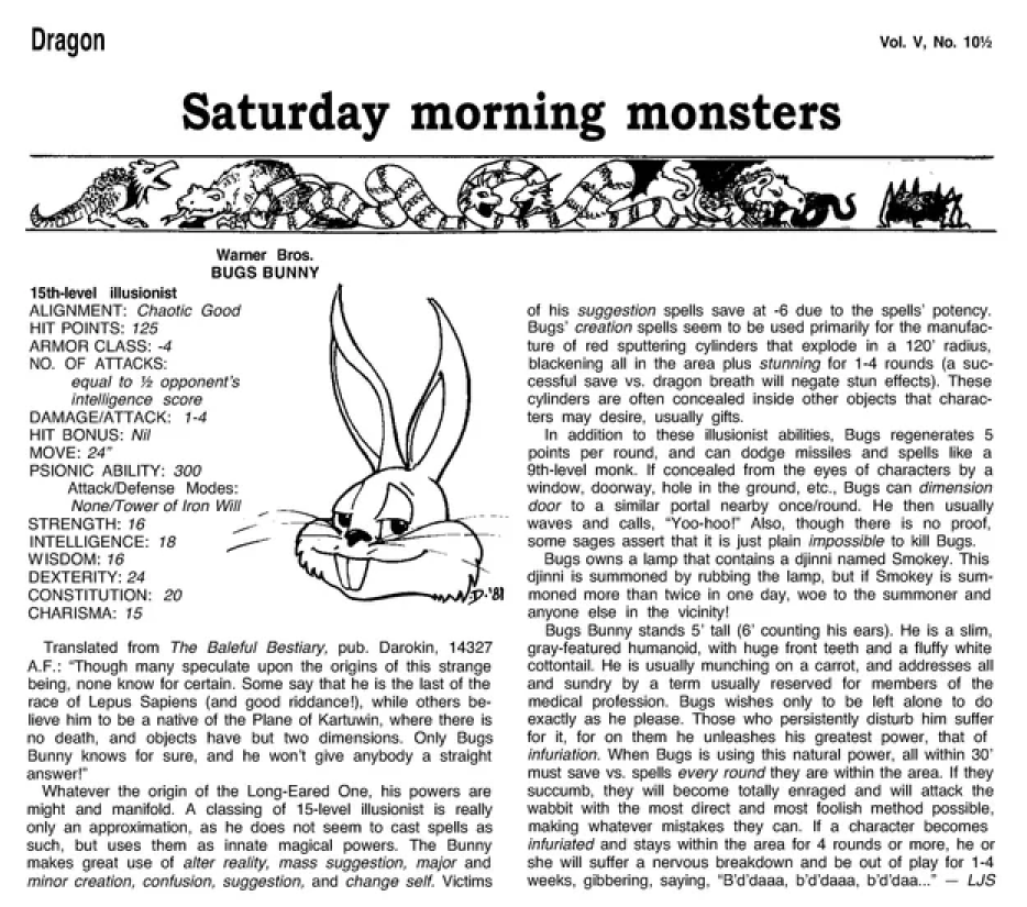 Crafting the official D&D character sheet for Bugs Bunny to fit into 5e!