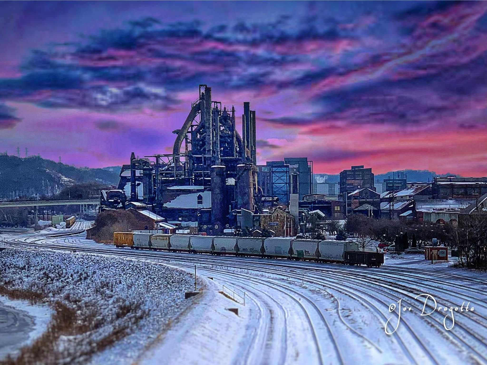 A beautiful blend of steel, snow, and dusk.