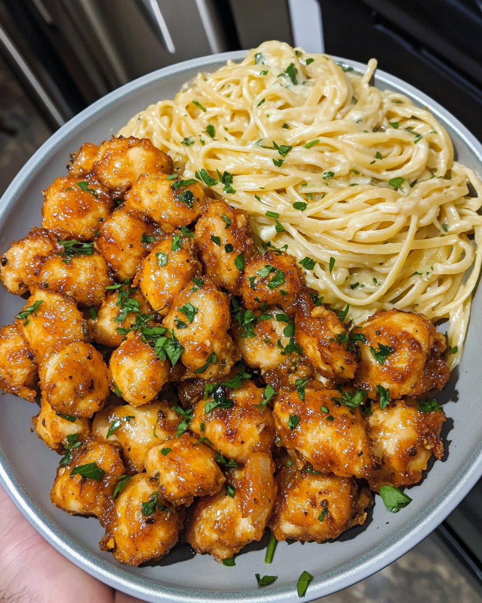 Delicious Lemon Garlic Butter Chicken Bites served with Linguine!