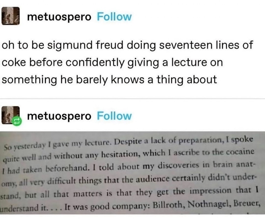 Do you remember that wild moment when Freud decided to snort coke right before his lecture?