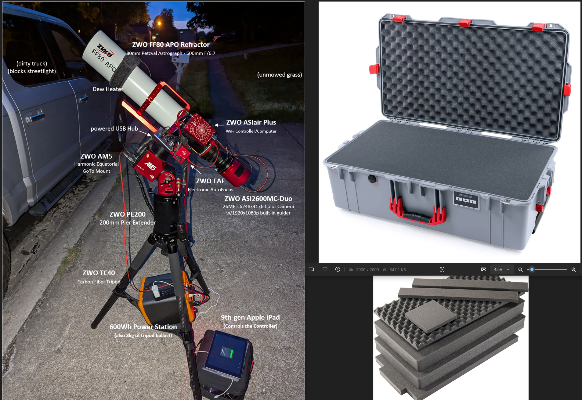 ProBro1154's Impressive Pelican 1615 Case for the ZWO FF80 Setup