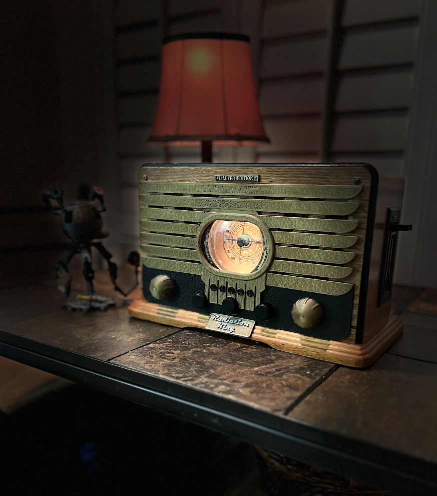 Combining Fallout Radio vibes with festive Christmas ornaments.