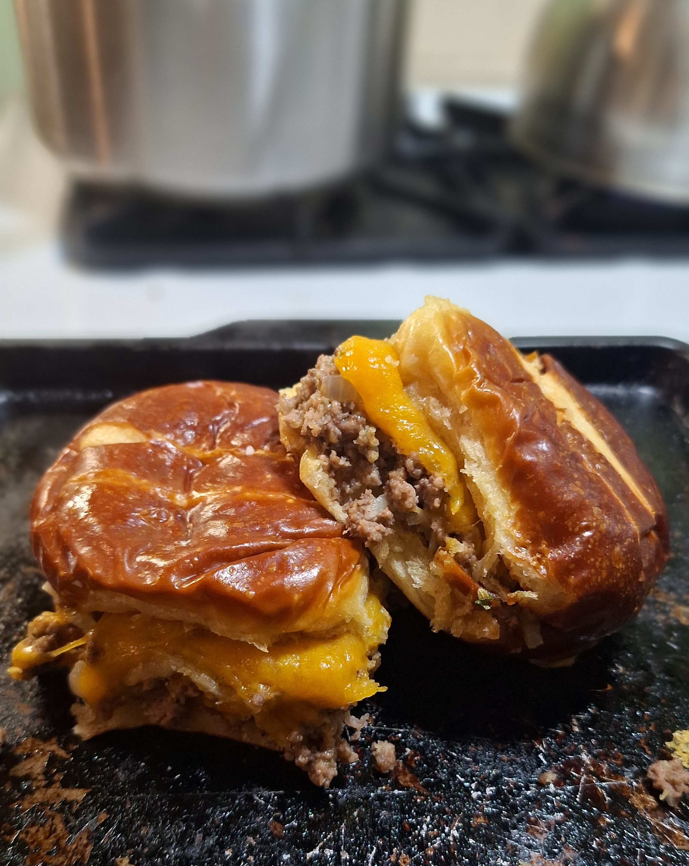 Delicious Homemade Cheeseburger Sliders on Soft Pretzel Buns