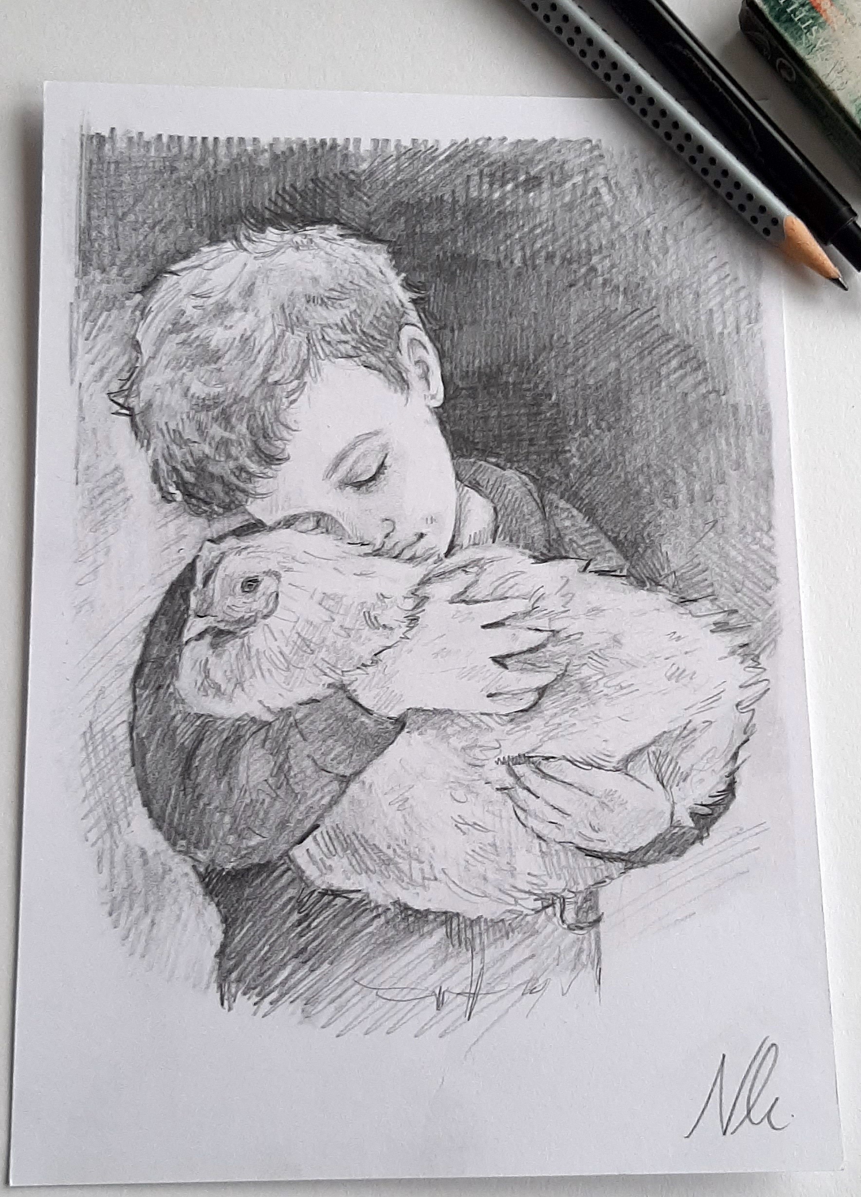 A Whimsical Sketch of a Boy and His Feathered Friend