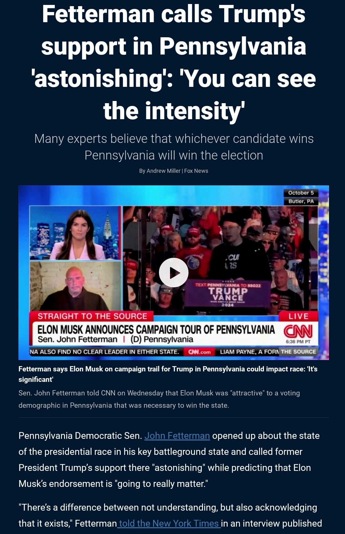 Fetterman on Trump's Pennsylvania Support: 'It's Astonishing and Intense!'
