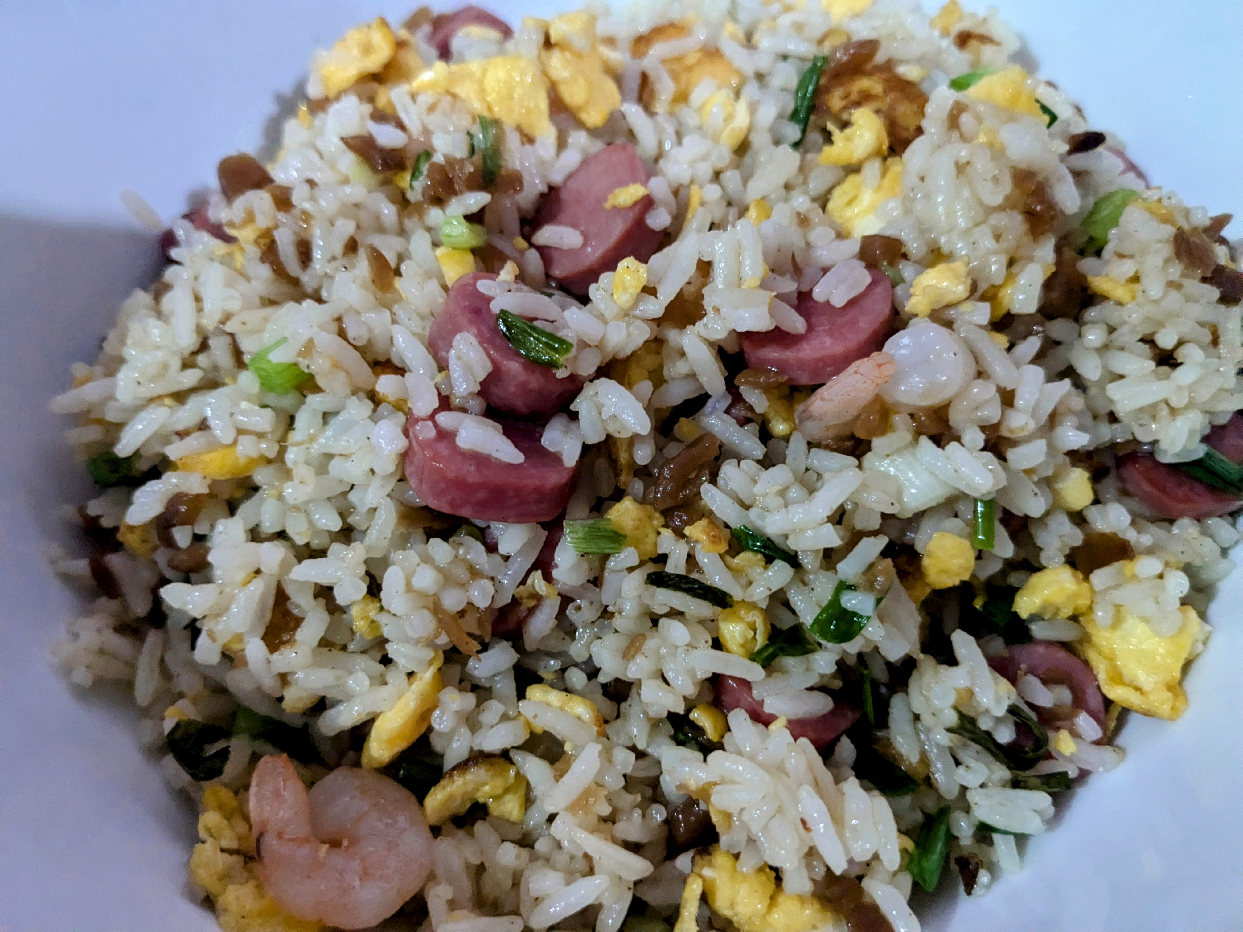 Delicious Egg Fried Rice Loaded with Chicken Franks, Shrimps, and Flavorful Preserved Radish