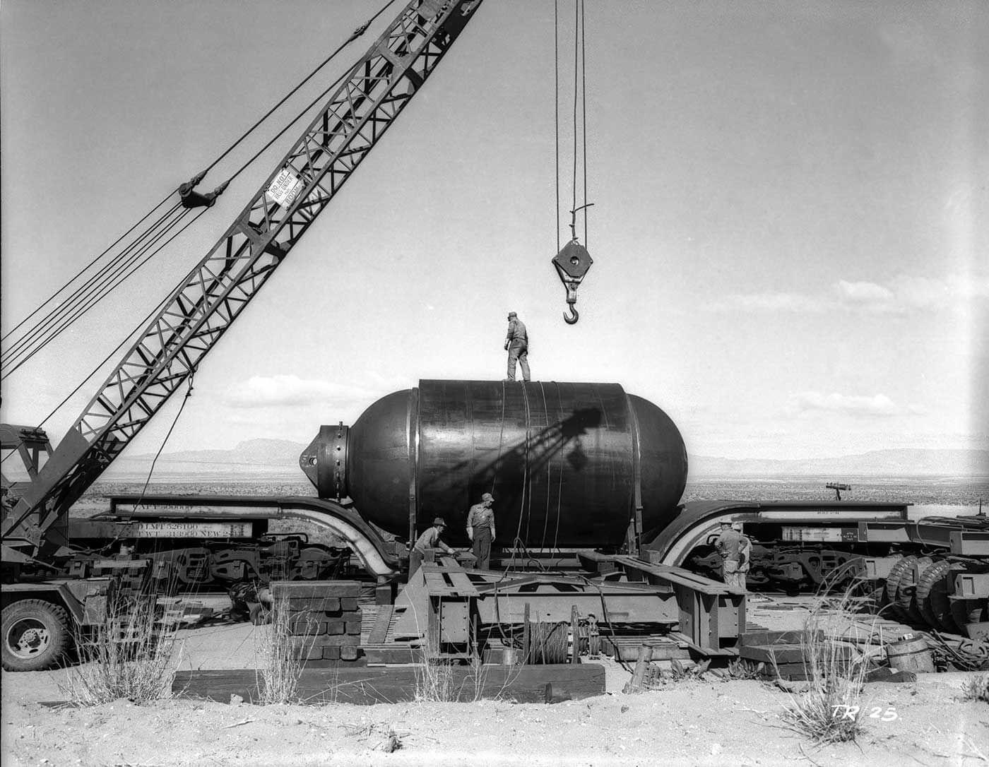 Massive Metal Marvels: The 214-ton 'Jumbo' container at the Trinity atomic bomb test site, built with 14-inch thick walls due to early fears about the atomic bomb's success.