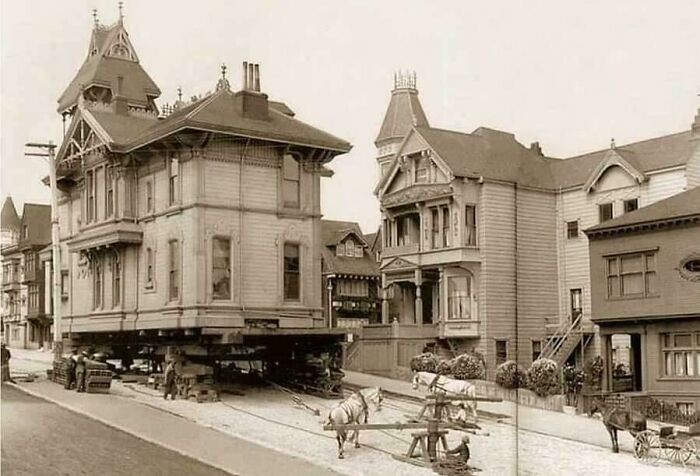 Witness a Victorian home being transported by horse power in 1908 San Francisco