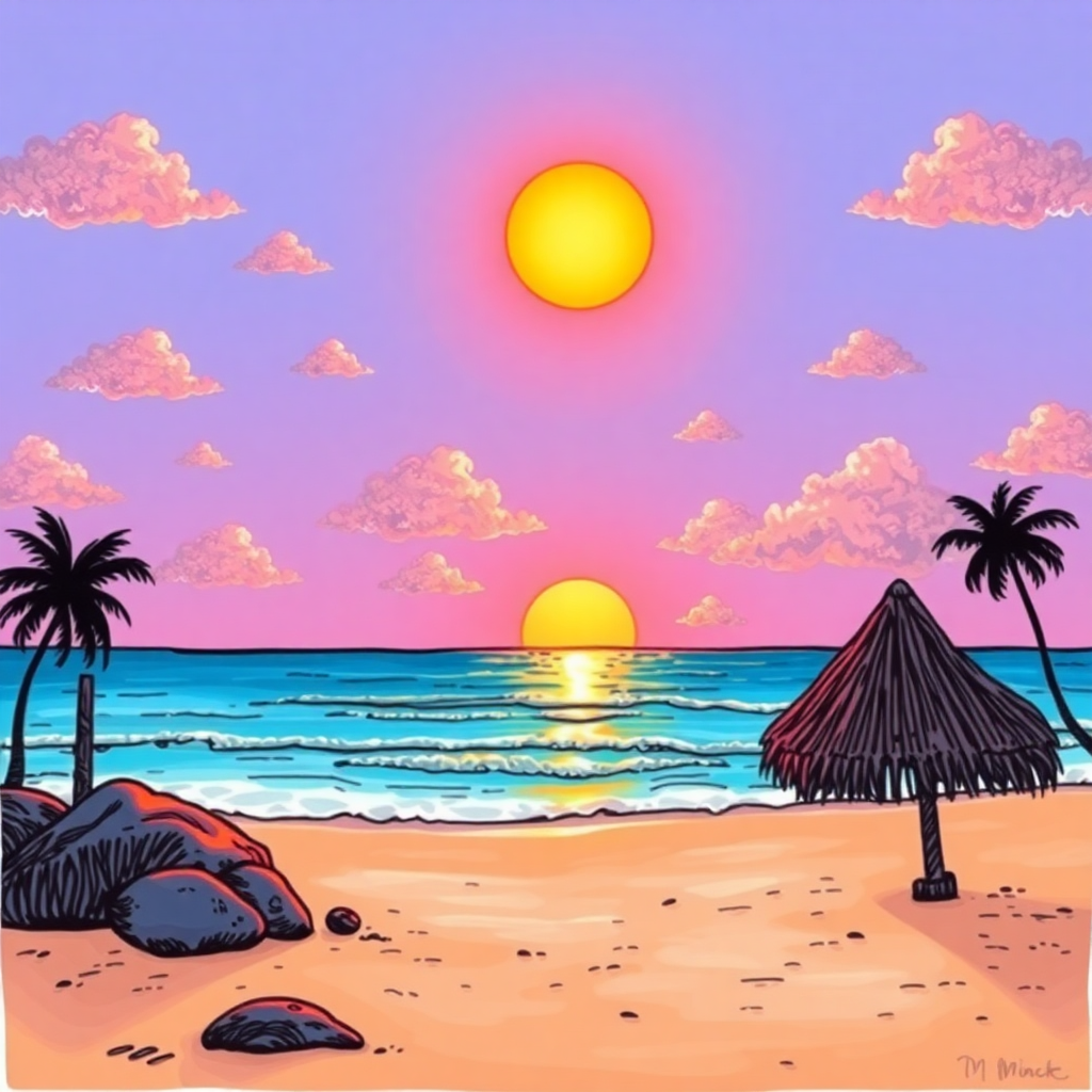 A stunning double sunset beach drawing by Tamura