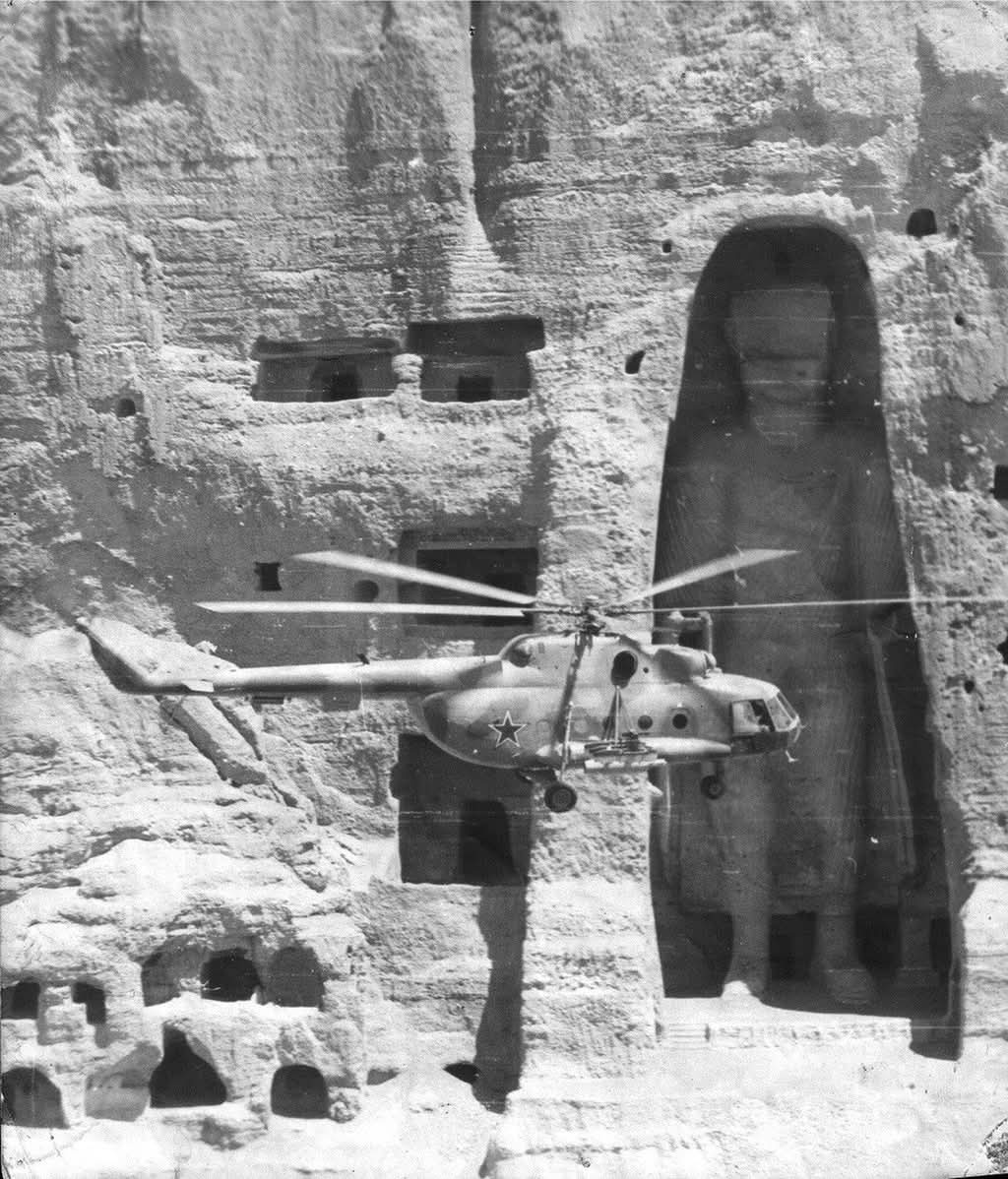 A Glimpse into History: Soviet Helicopter Over Bamiyan Buddhas, 1980