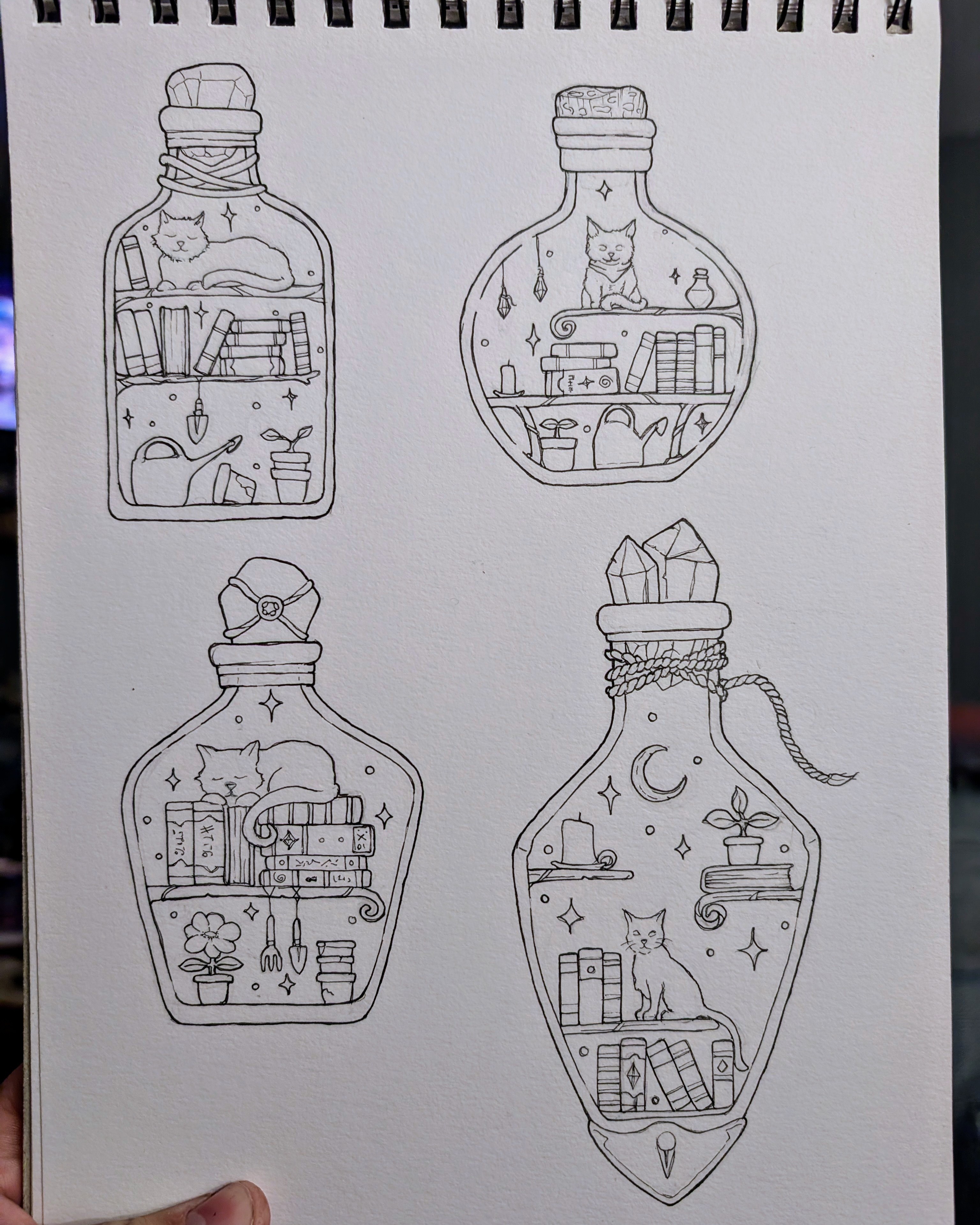 Enchanting Potion Ink Drawings: Cats, Books, and a Touch of Gardening!