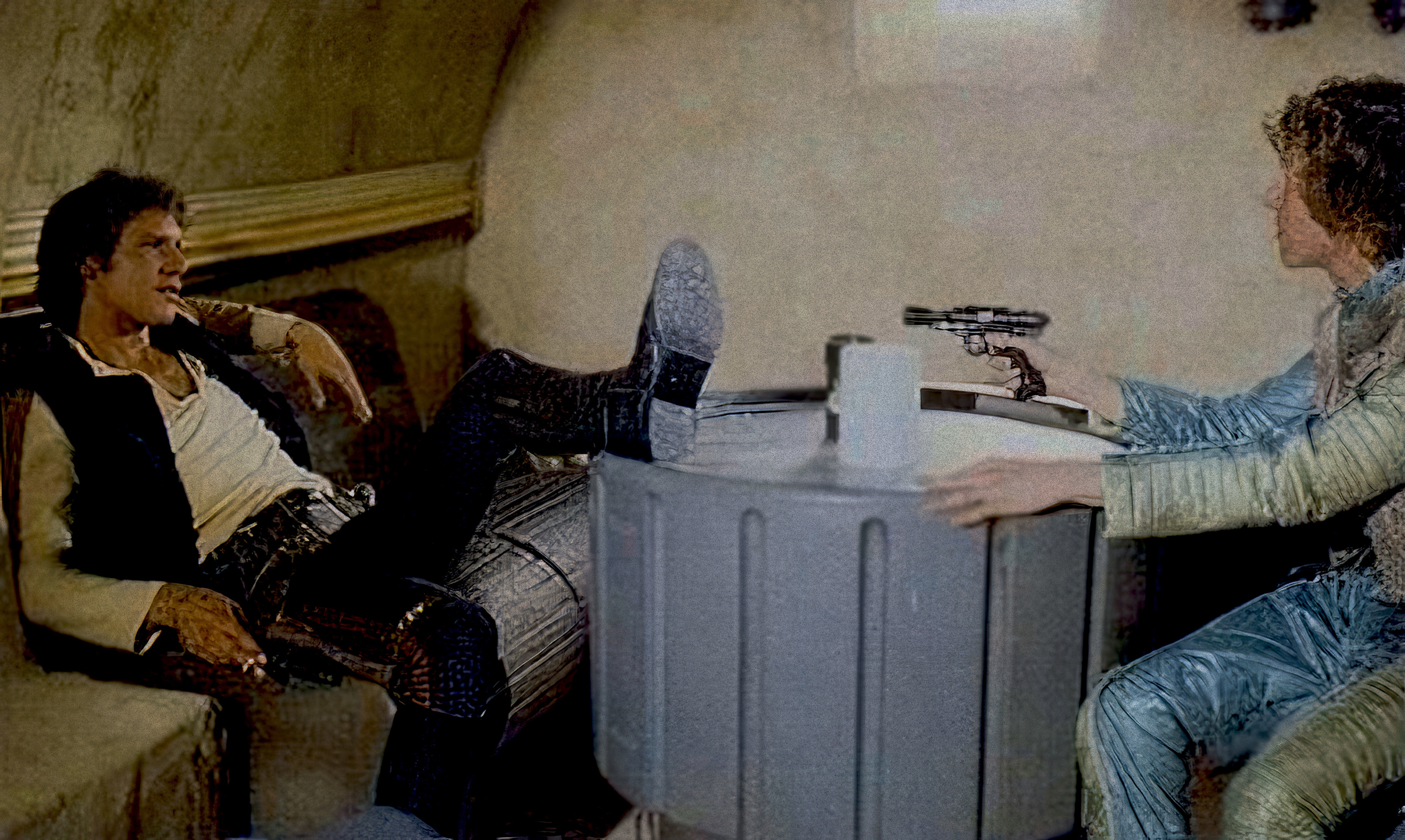 Iconic duo: Harrison Ford as Han Solo and Paul Blake as Greedo in the Mos Eisley Cantina from Star Wars: Episode IV - A New Hope (1977)