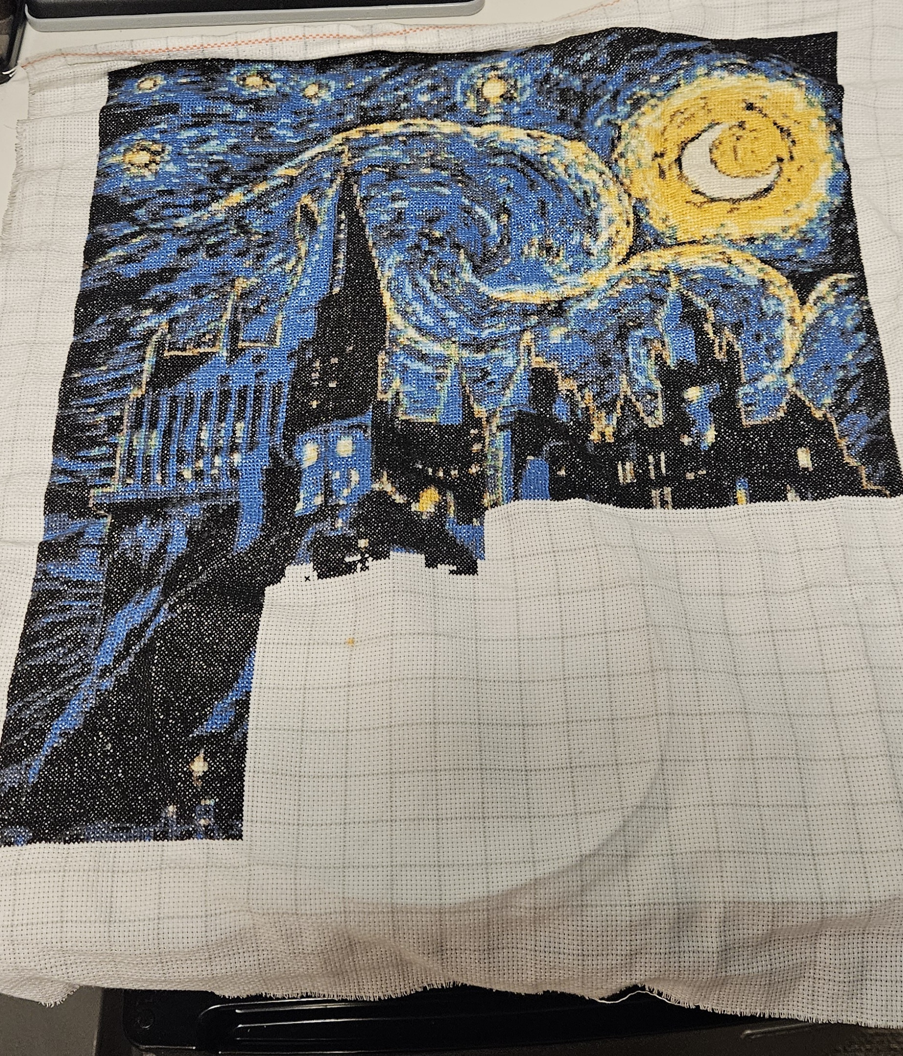 My Work-in-Progress: A Cross-Stitch Tribute to Hogwarts and Starry Night