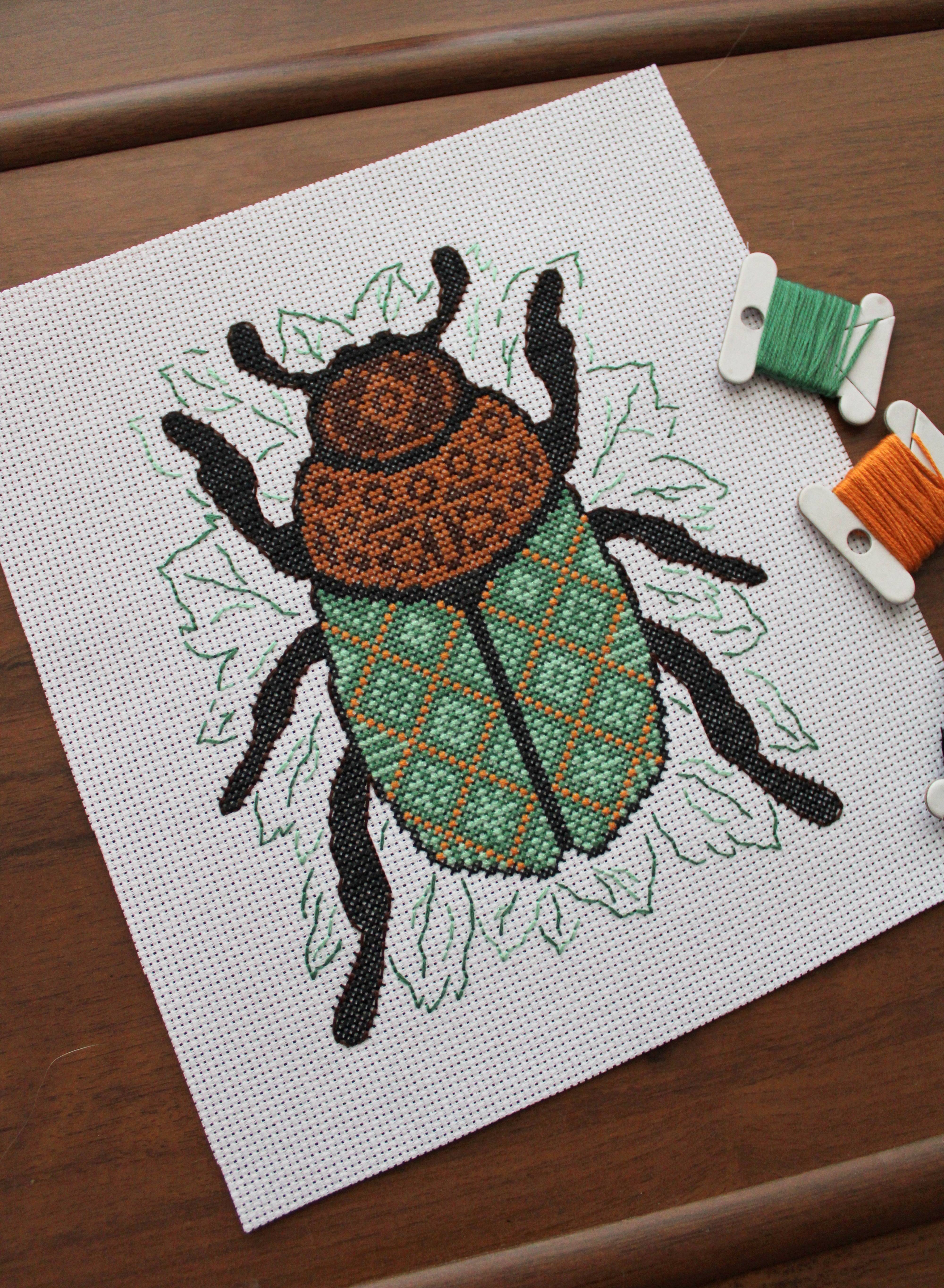 Cross Stitch Project Complete: My Green Beetle is All Set!