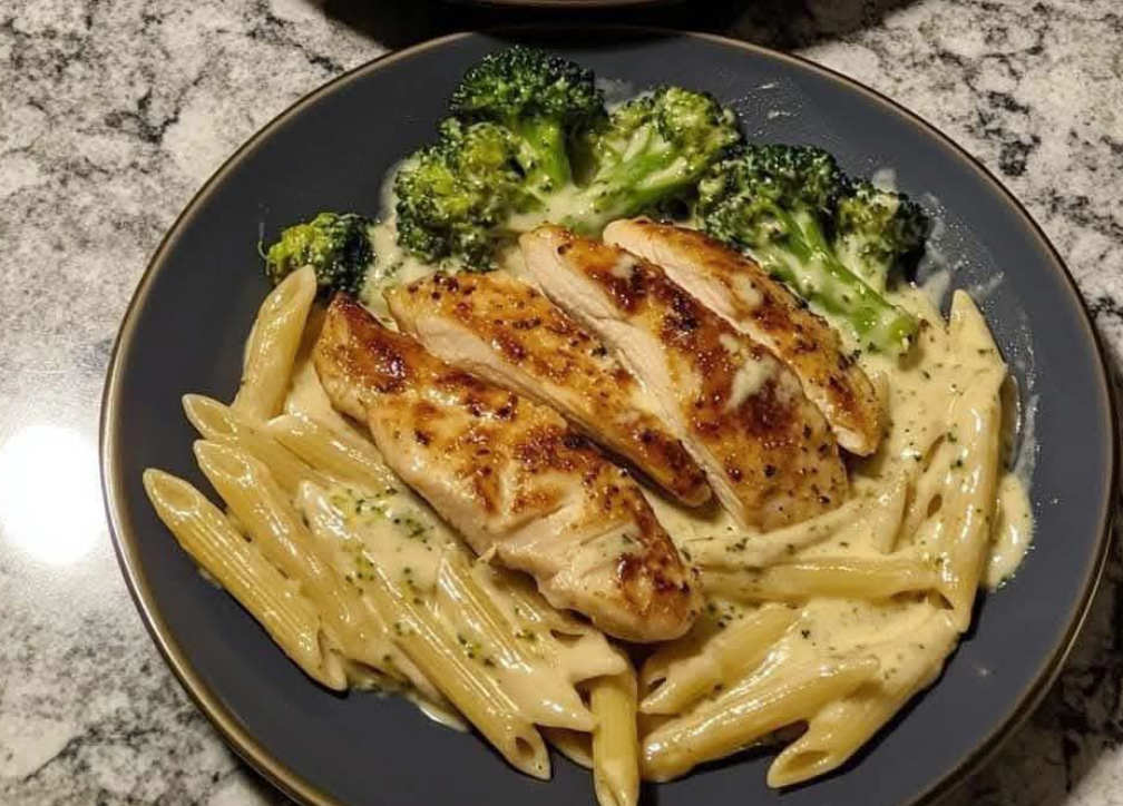 Delicious Tuscan Chicken Served with Creamy Broccoli Alfredo Penne