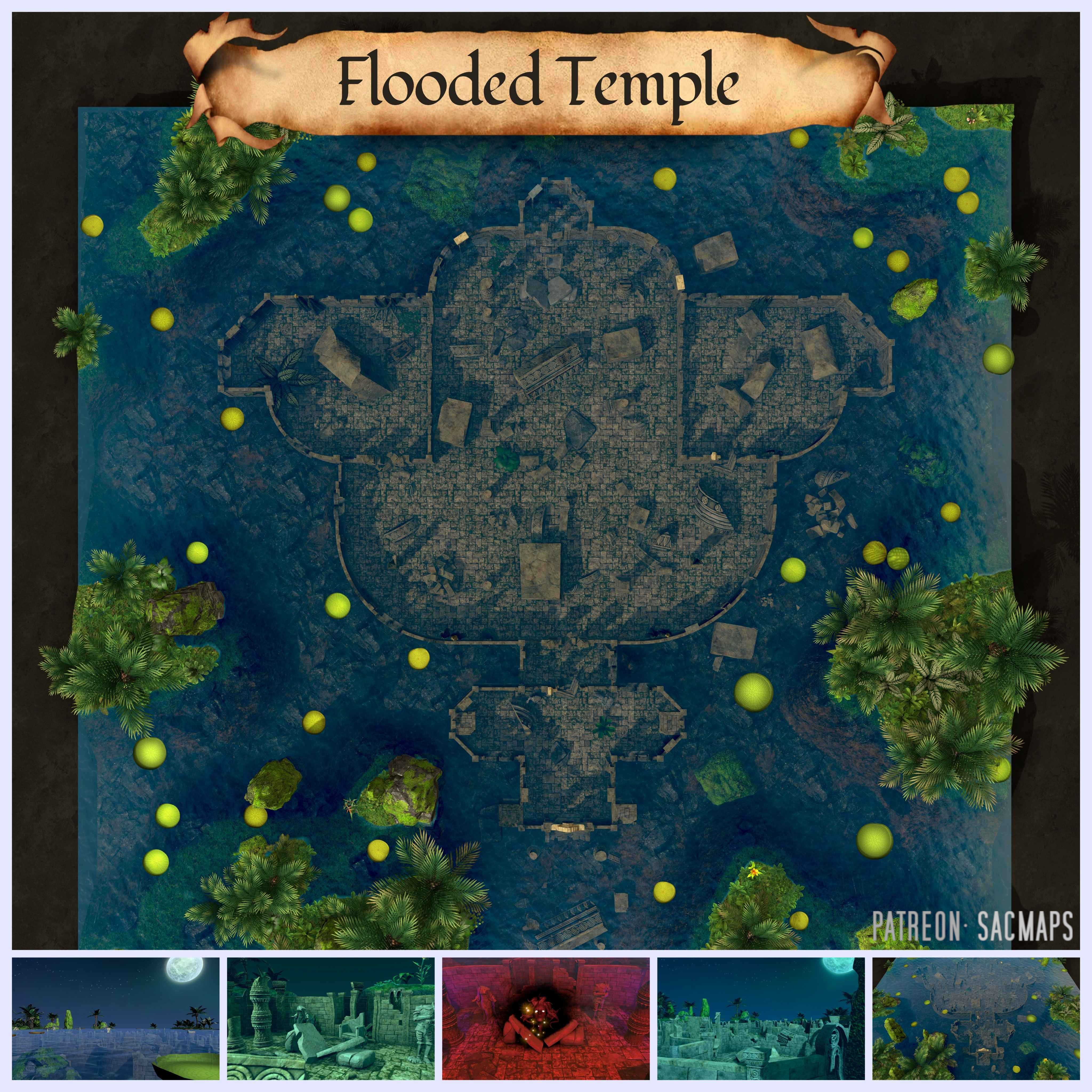 Exploring the Flooded Temple: Free DnD and TTRPG Maps